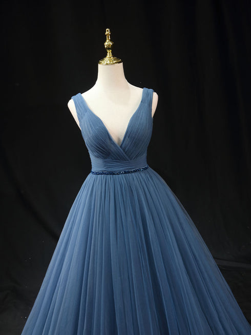 Royal Blue Tulle Ball Gown Wedding Dress - V-Neck Evening Dress - Sleeveless Corset Back Wedding Dress Plus Size